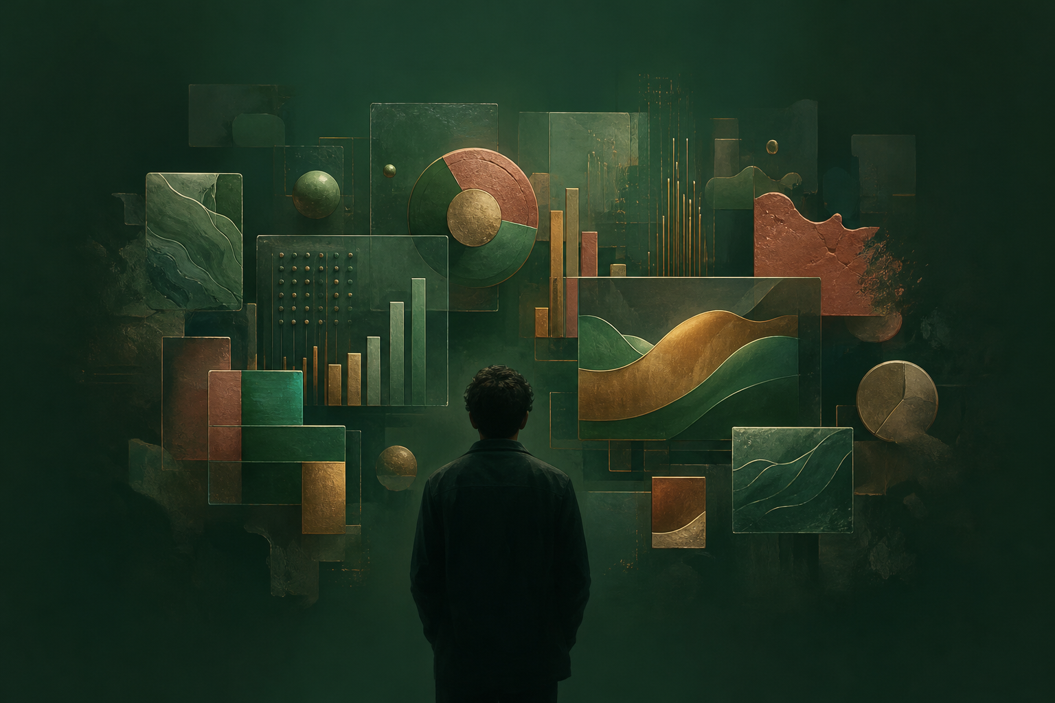 Illustration : une silhouette face à un mur de graphiques colorés