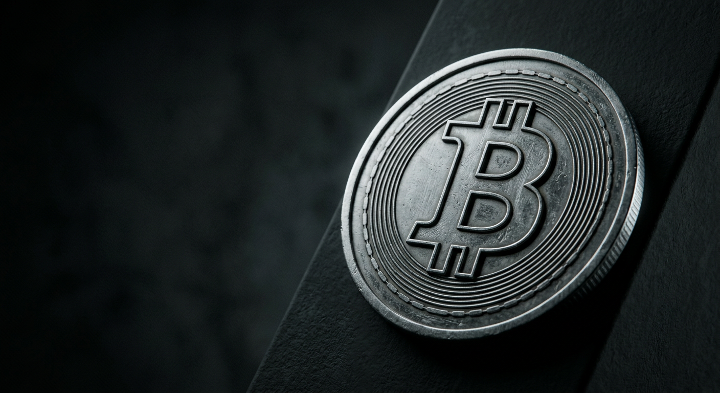 Pièce Bitcoin en métal vieilli, posée sur une surface noire