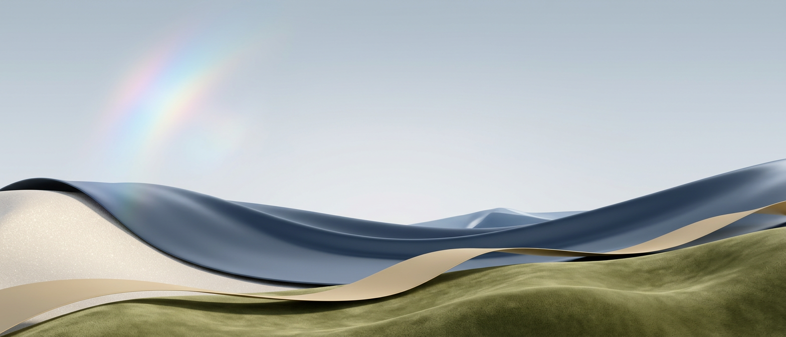 Collines de soie bleu acier, de sable crème et de velours vert sous un ciel pâle