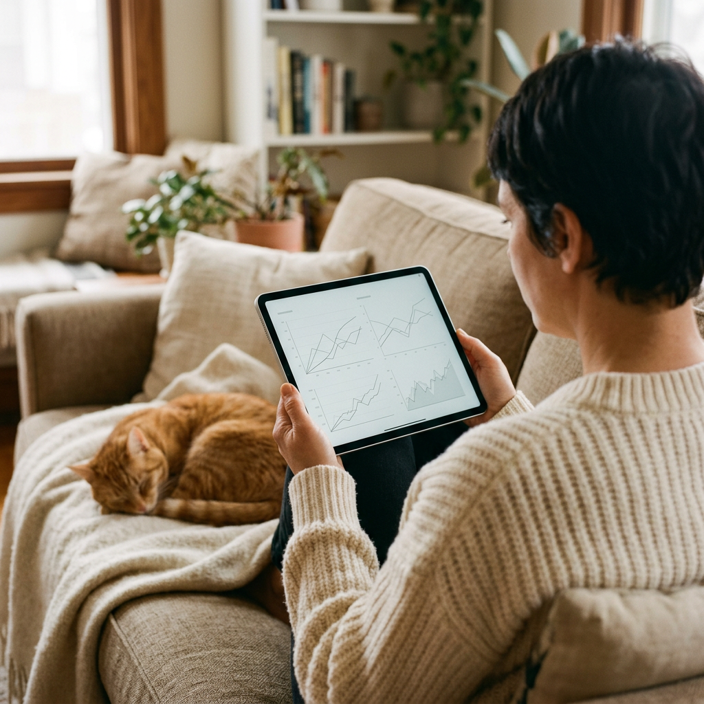Une personne assise sur un canapé consulte des graphiques sur une tablette, un chat roux endormi à côté